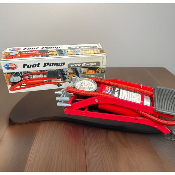 All Power Foot Pump Inflator with Gauge Red & 3 End Tips New {DD} - Picture 1 of 9